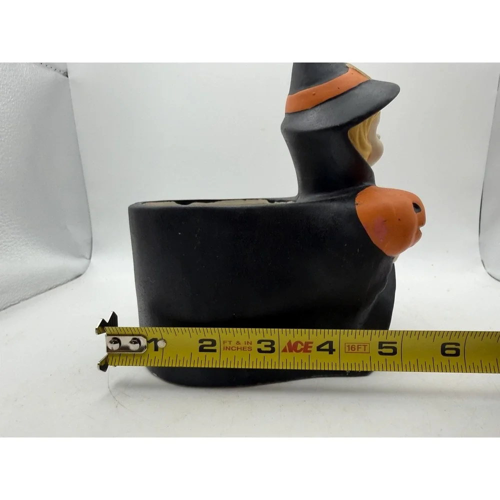 Vintage Halloween Witch Pumpkin Broom Ceramic Planter Container Decor